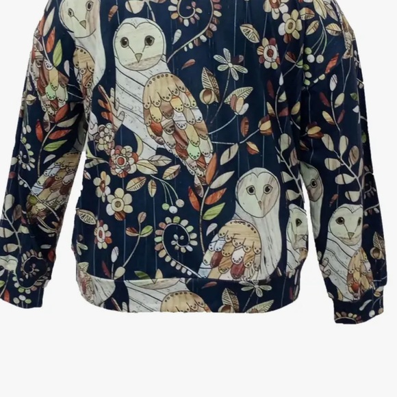 Owls in the Forest Women’s Blouse NWOT 95% Poly/40% Spandex, crewneck, wide hem. - Picture 5 of 7